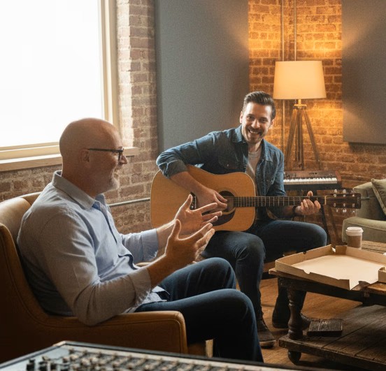 Rick Jensen coaching a guitarist in a relaxed studio setting